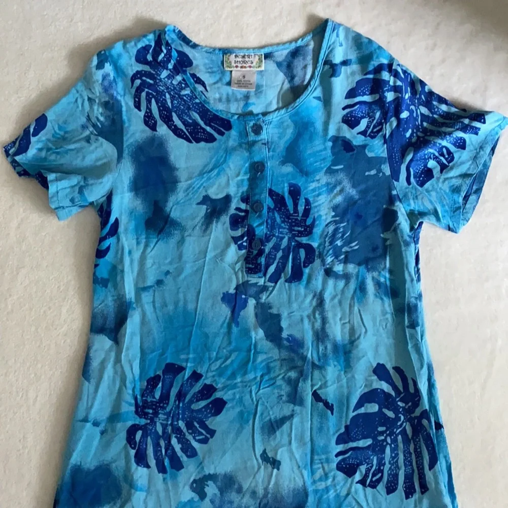 {VTG} Desert Shores | Tropical Palm Tree Leaf Print Short Sleeve Midi Dress Blue - Picture 2 of 15